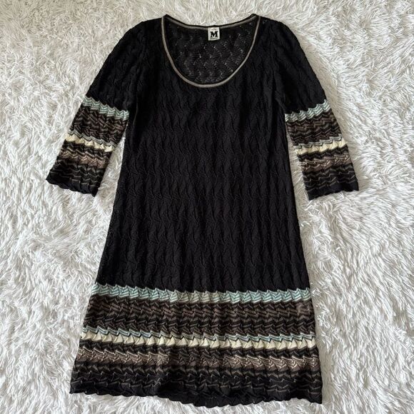 Missoni Black Open Knit Wool Sweater Dress with Chevron Trim Size IT 44 US 8 - Picture 3 of 11